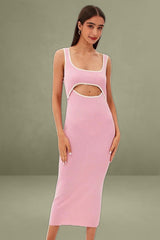 Pink Knit Dress Midi Sleeveless Contrast Binding