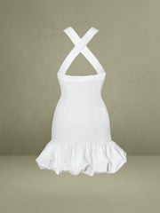White Cross Straps Bodycon Mini Dress with Bubble Hem