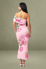 Pink Floral Bodycon Dress One Shoulder Mesh