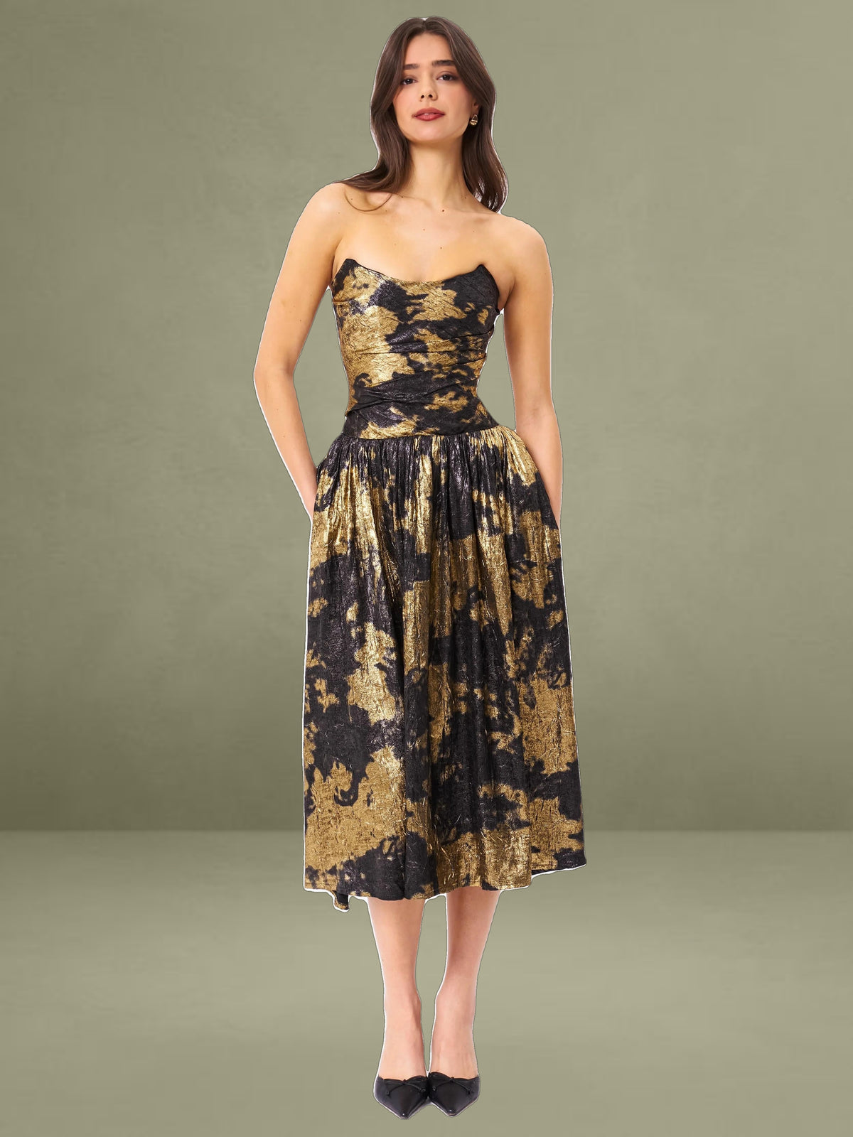 Gold Tie Dye Bronzing Strapless Drop Waist Midi Dress