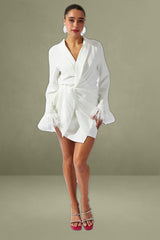 White Wrap Dress Long Sleeve Faux Feather Cuffs
