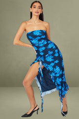 Black Floral Ruffle Dress Strapless Mesh