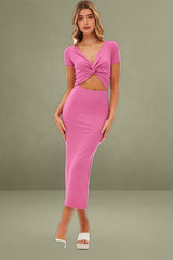 Pink Bodycon Dress Rib Twist Front Cut Out Short Sleeve