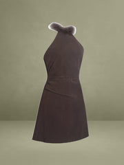 Yael Espresso Vegan Suede Faux Fur Halter Mini Dress