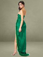 Perrin Emerald Green Feather Dress High Slit Gown
