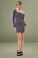 Grey Off Shoulder Dress Ribbed Long Sleeve Mini Bodycon