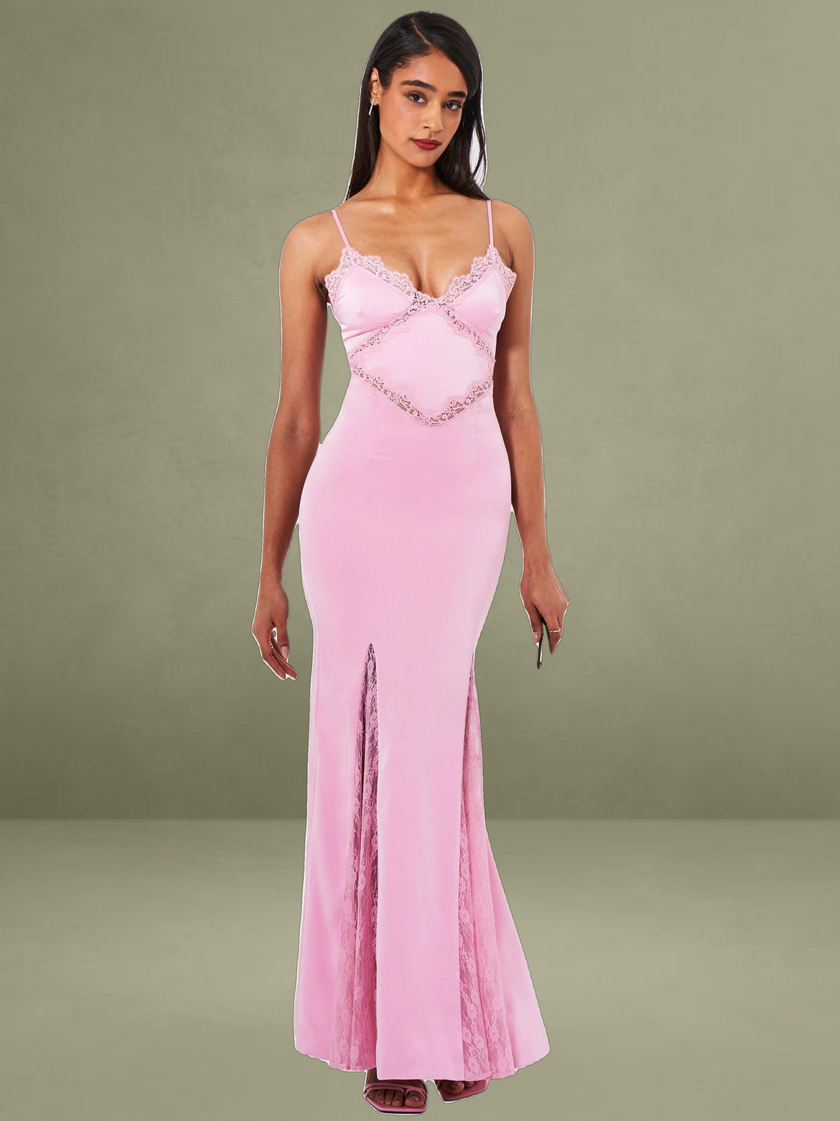 Xandria Pink Lace Satin Mermaid Flare Maxi Dress