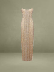 Ada Gold Rhinestone Embellished Strapless Gown with Head Scarf