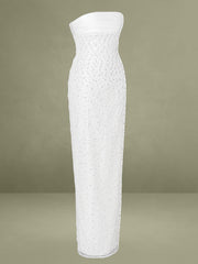 Lainey White Satin Sequin Pearls Beaded Maxi Dress