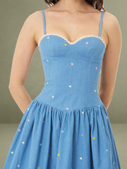 Zadie Cotton Denim Drop Waist Embroidery Flower Midi Dress