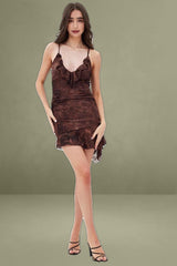 Brown Paisley Mesh Mini Dress V Ruffle Neck Burnt Out Paisley
