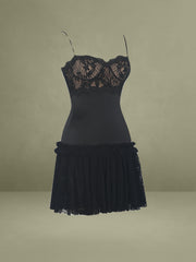 Black Contrast Lace Sweetheart Gathered Mini Dress