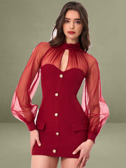 Tabitha Burgundy Mesh Lantern Sleeve Mini Dress