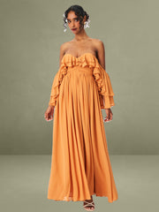 Kaela Brickwork Off Shoulder Chiffon Maxi Dress