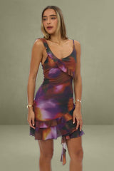 Multi Abstract Bodycon Dress Ruffle Hem Mini Mesh