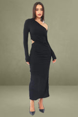 Black Textured Midi Bodycon Dress