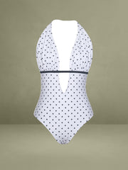 Olive White Base Polka Dot Ruched Breast Halter Backless Swimsuit