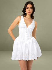 Aaliyah White Eyelet Plunging Halter Drop Waist Mini Dress