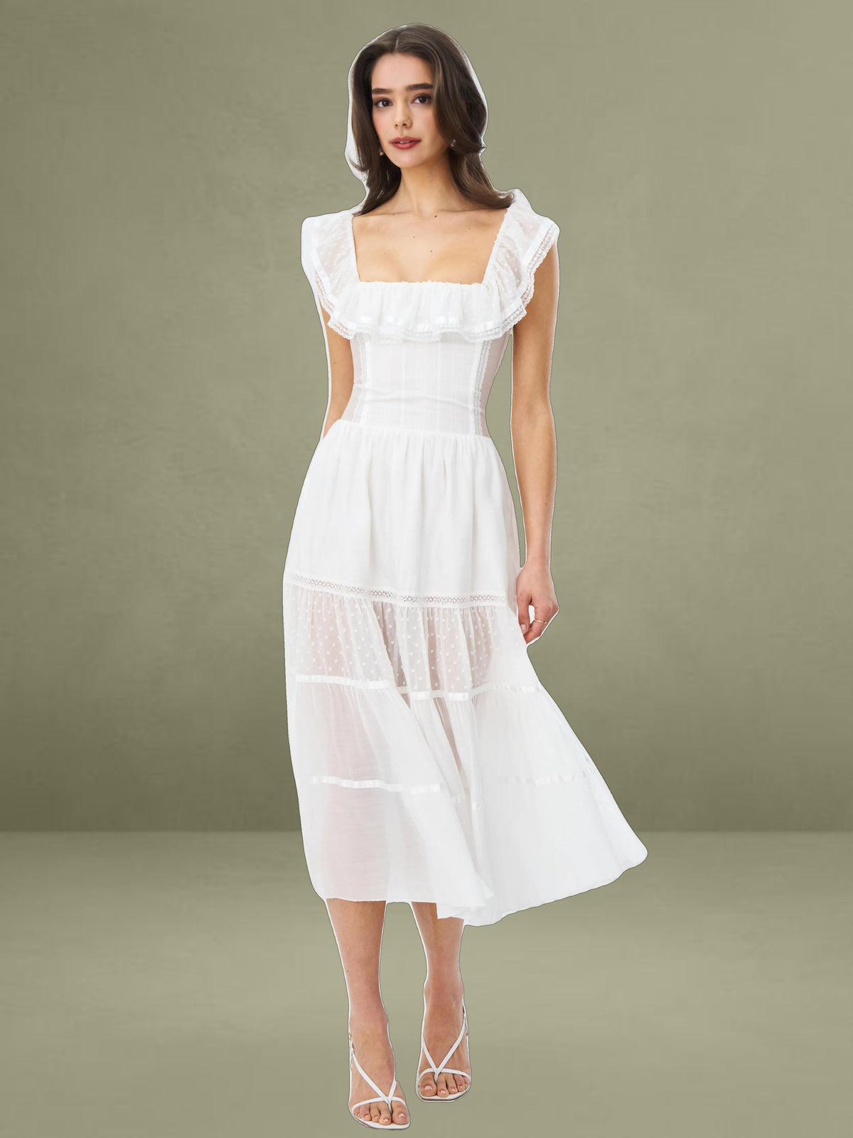 Square Neck Ruffle Trim High Waist Midi Dress