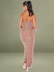Rose Gold Ruched Chiffon Long Maxi Dress