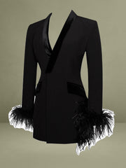 Black Feather Trim Blazer Dress