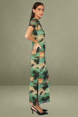 Green Abstract Maxi Short Sleeve Bodycon Mesh Dress