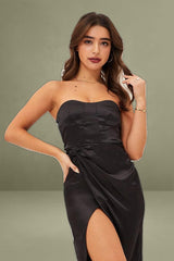 Black Satin Wrap Bandeau Dress