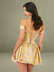 Oana Floral Print Linen Collared Off Shoulder Mini Dress