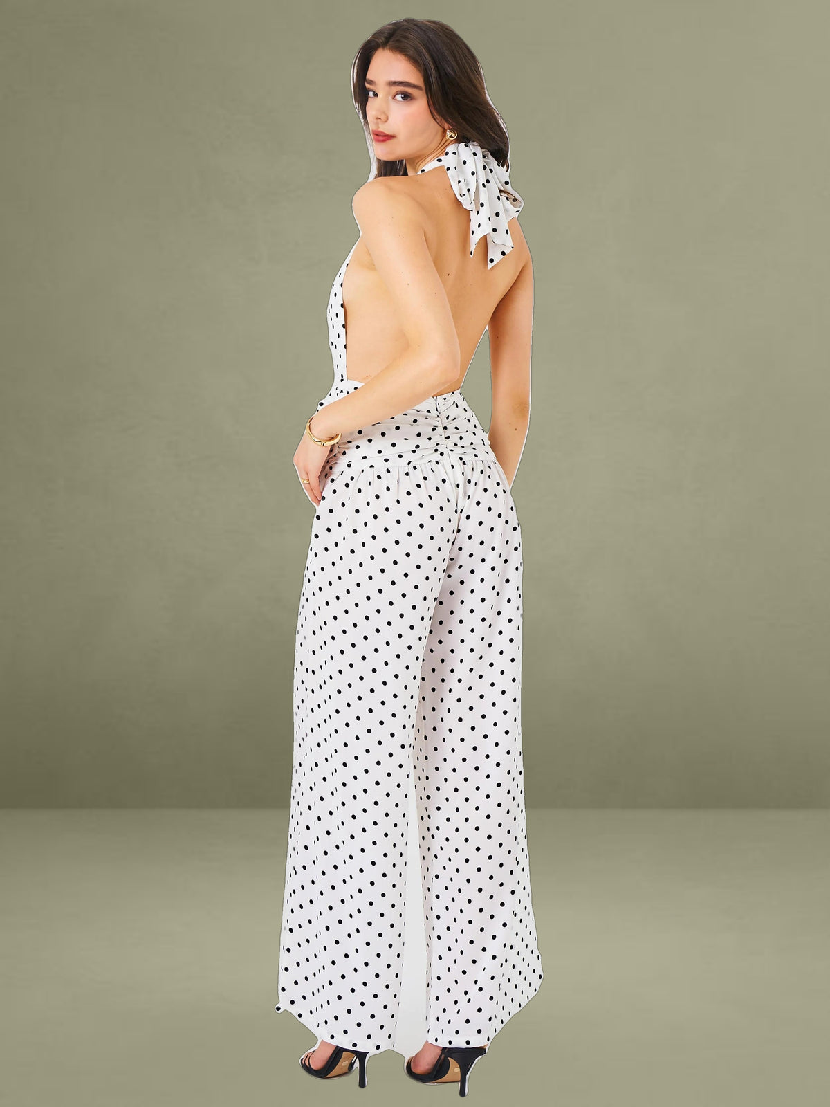 Oriana White Polka Dots Halter Jumpsuit