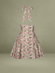 Mackenzie Green and Pink Floral Print Halter Linen Mini Dress