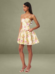 Valda Yellow and Pink Print Linen Mini Dress with Pockets