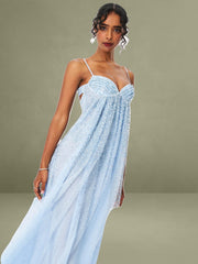 Wallie Baby Blue Rhinestone Embellished Mesh Backless Gown