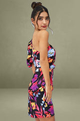 Multi-Flower One-Shoulder Puffed Sleeve Mini Dress