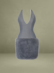 Daisy Grey Drop Waist Fur Trim Halter Mini Dress