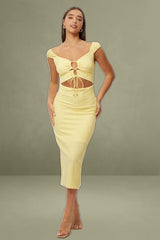 Yellow Bodycon Dress Textured Midi