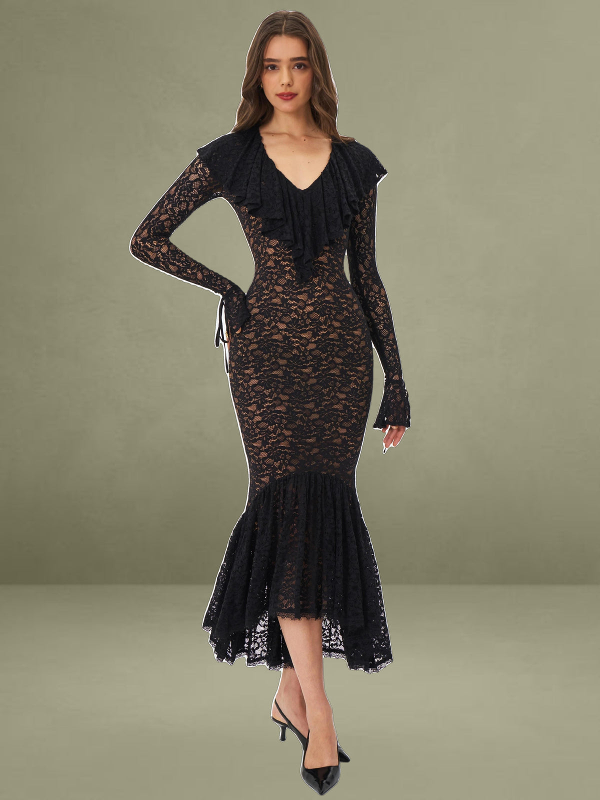 Black Lace Ruffled Mermaid Maxi Dress