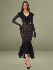Black Lace Ruffled Mermaid Maxi Dress
