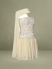 Yellow Beaded Floral Mini Chiffon Dress with Scarf