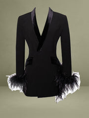 Black Feather Trim Blazer Dress