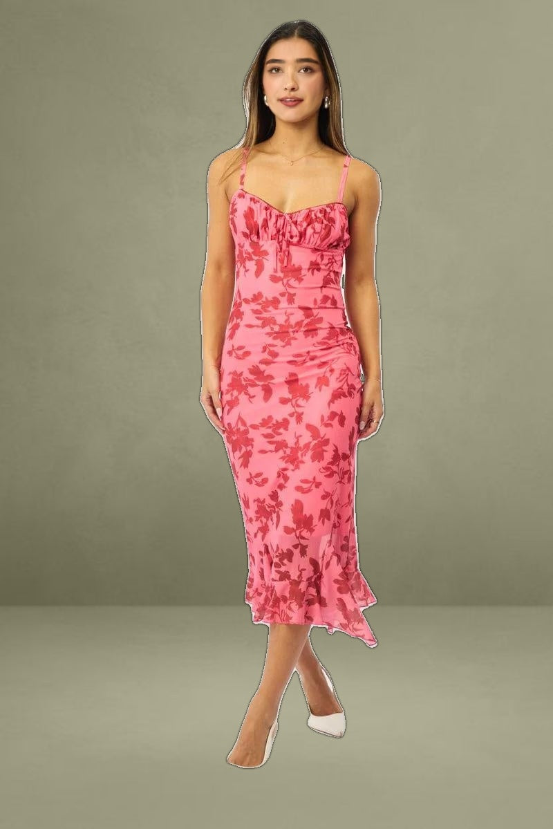 Pink Floral Bodycon Dress Midi