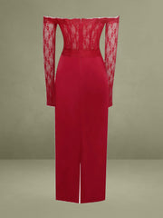 Red Lace Satin Corset Maxi Dress