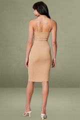 Beige Long Sleeve Midi Bodycon Dress