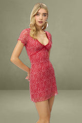 Red Ditsy Mesh V Neck Mini Dress