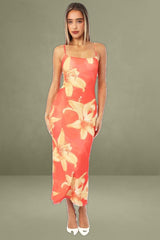Orange Floral Maxi Mesh Bodycon Dress