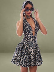 Mackenzie Cheetah Print Halter Linen Mini Dress