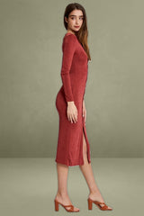 Brown Button Front Slinky Midi Dress