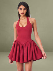 Hadara Burgundy Suede Halter Mini Full Dress