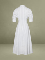 Palina Pinstripes Cotton Poplin Pleated Midi Preppy Shirt Dress