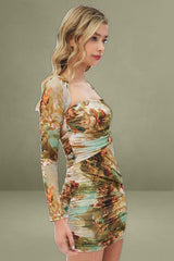 Multi Print Mini Dress Long Sleeve Square Neck Bodycon Mesh