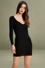 Black Notched Neck Rib Bodycon Dress
